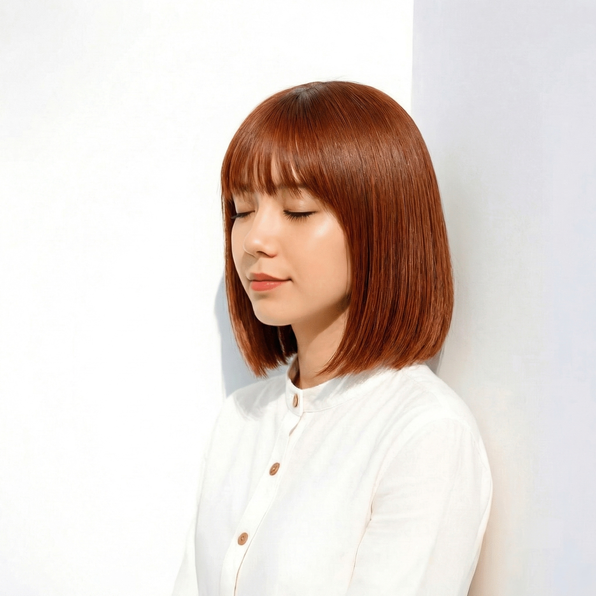 2. やわらかさを添えた暖色系ぱっつんボブ