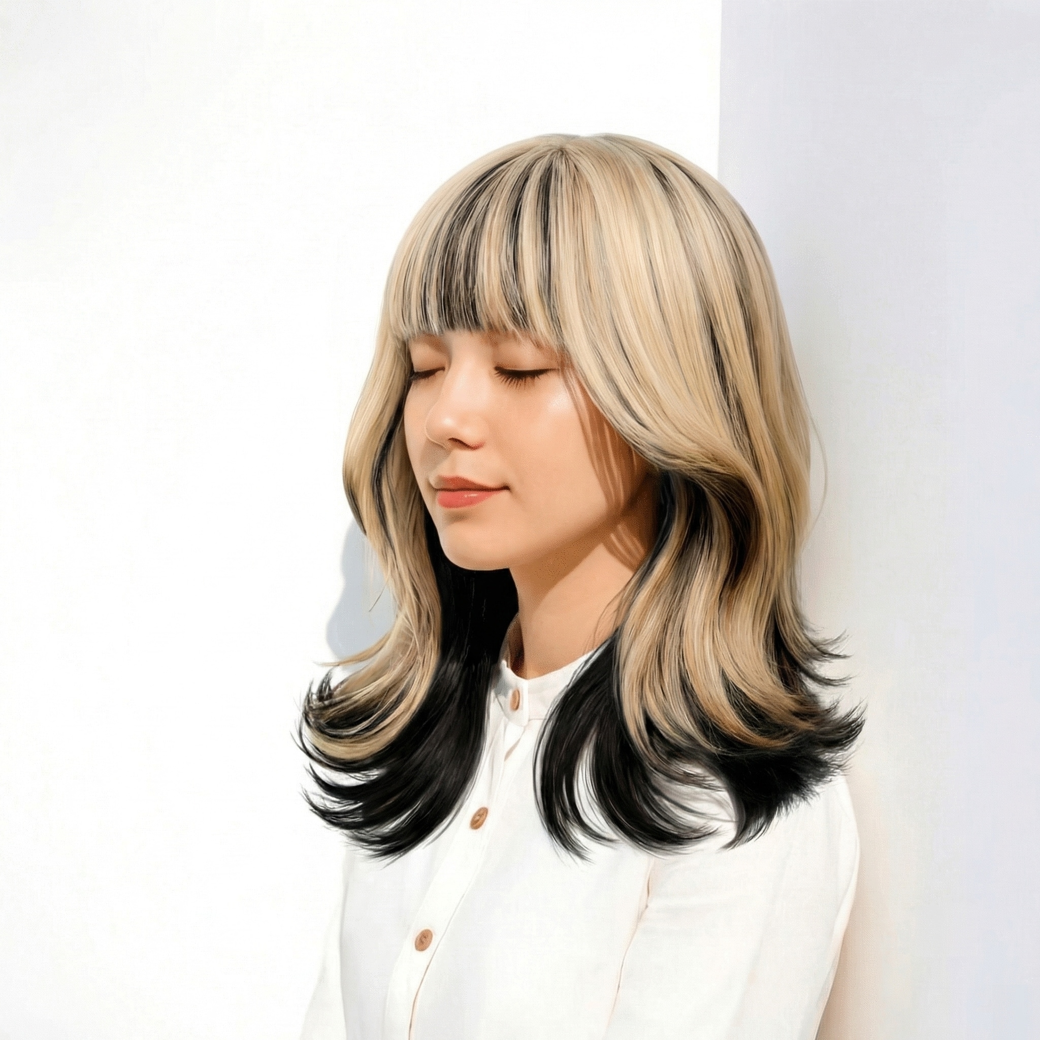 12. ハイトーンベースに暗髪を効かせたインナーカラー風デザインで奥行きのある印象に