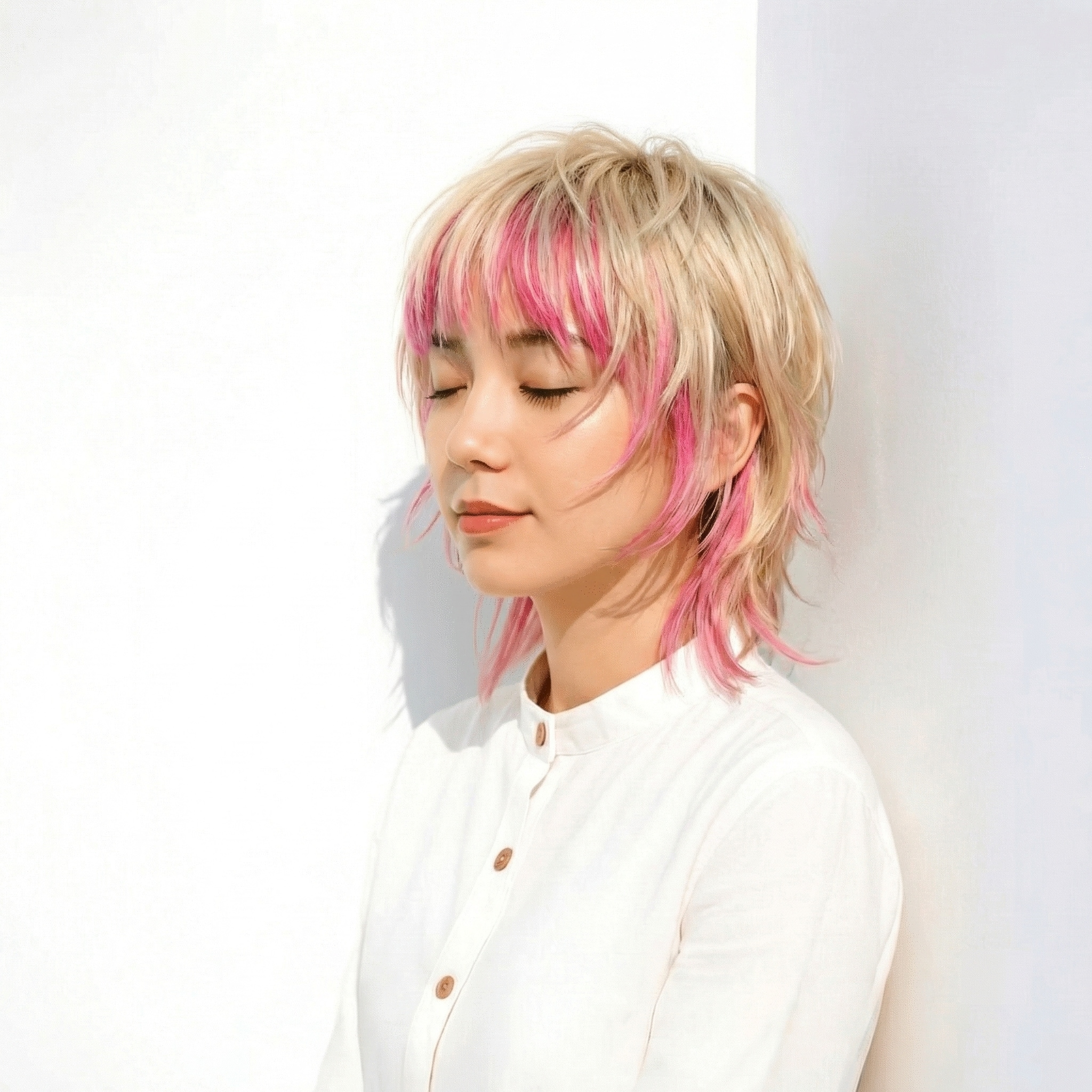 20. ハイトーンショートに映えるピンクのポイントカラーで遊び心のある表情に