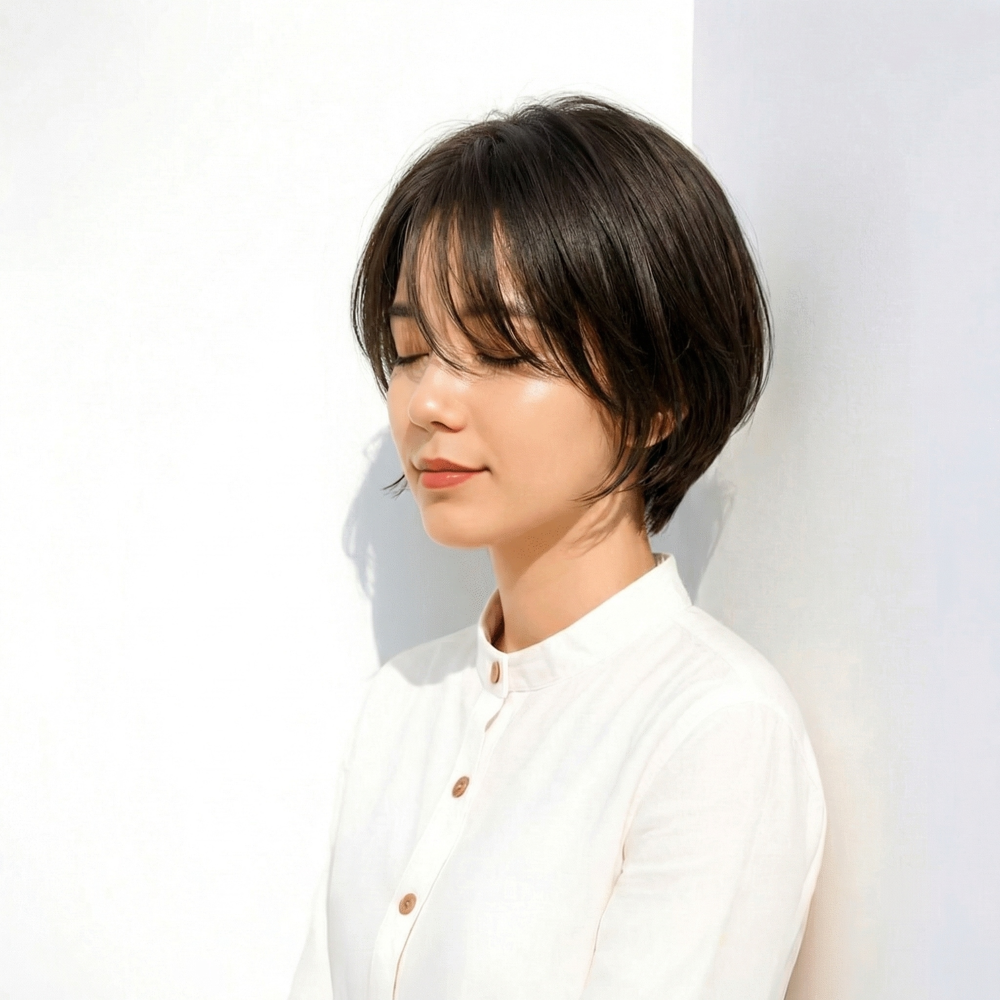 19. 前髪なしショート：抜け感のある毛流れで大人っぽく見せるくびれスタイル