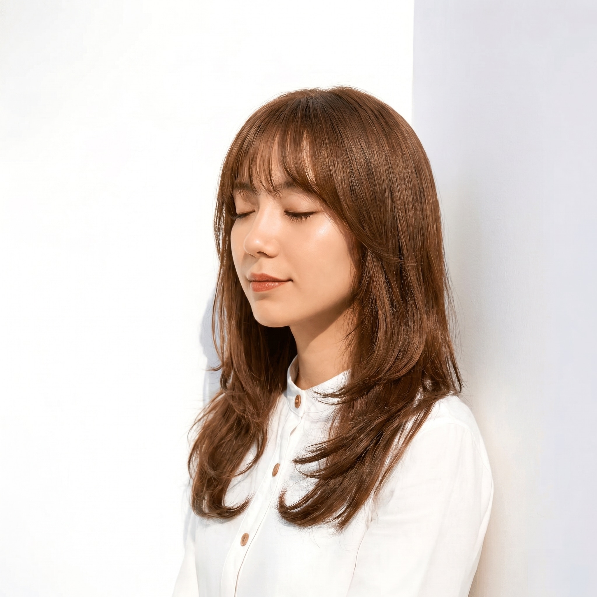 1. ベージュブラウン×ミディアムレイヤー: 上品な軽さと自然なツヤを引き出す