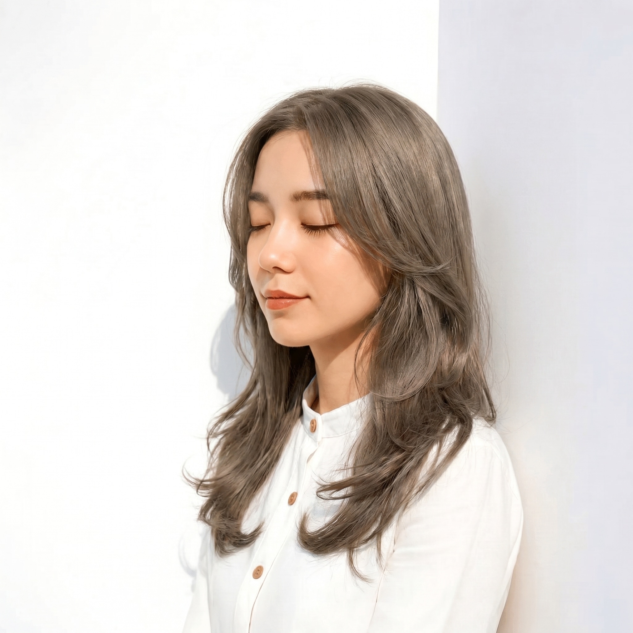 オリーブグレージュ_ロング_前髪あり_やわらかさと可愛らしさを両立できる