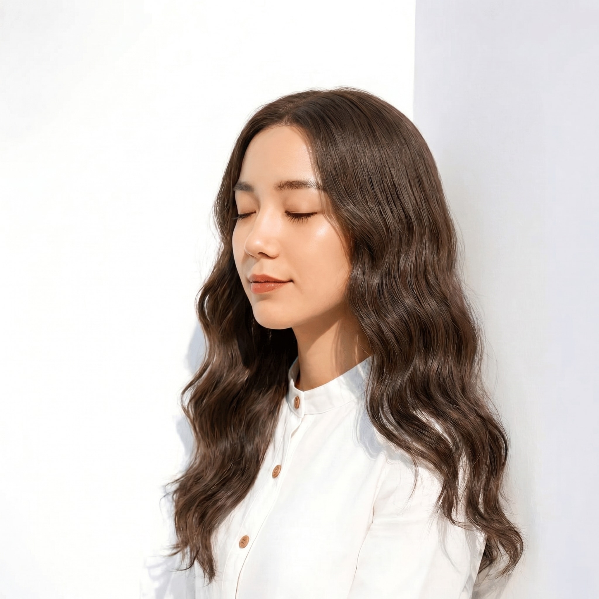 グレージュ×セミロング: 青み寄りのくすみで赤みを抑えた自然な印象