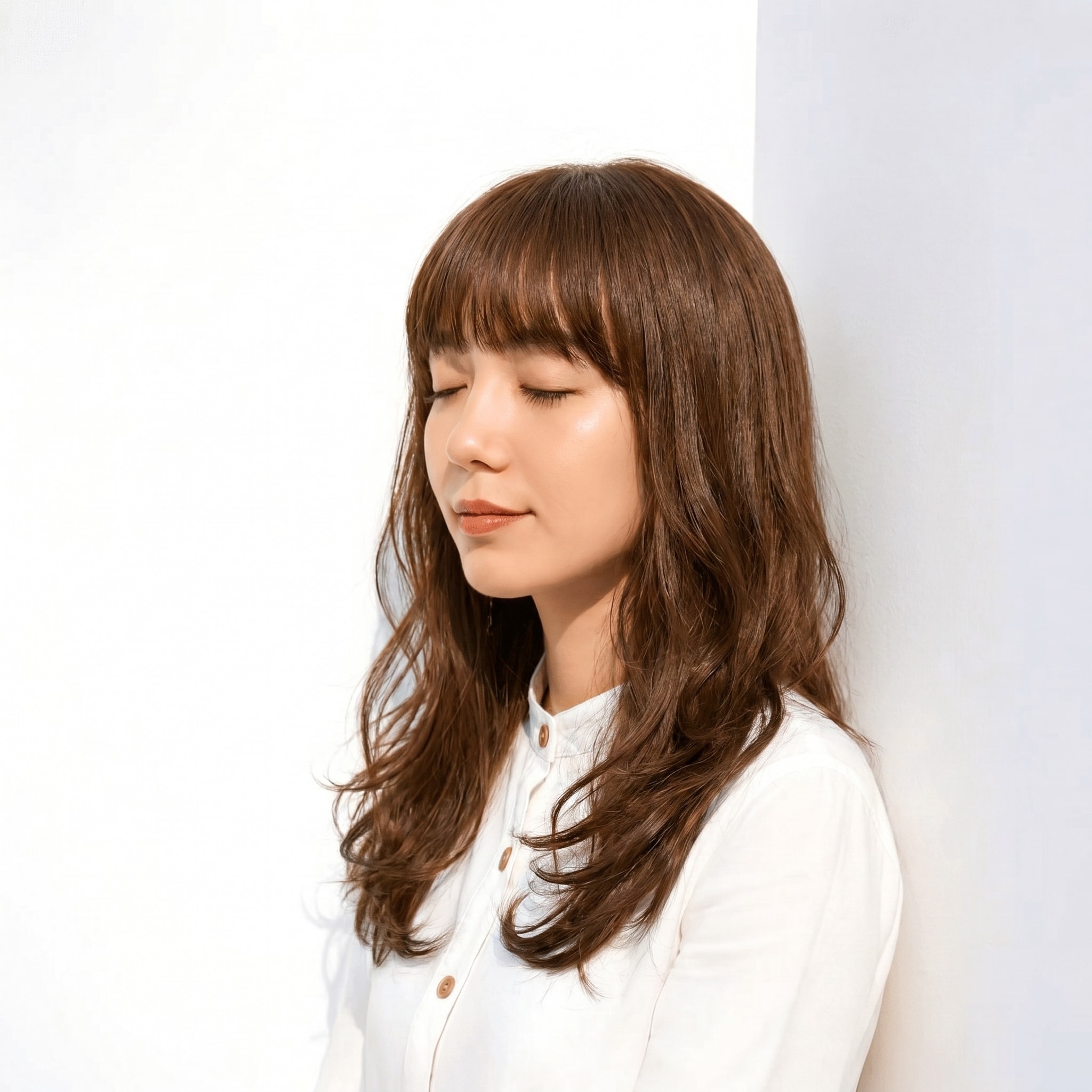 ショコラベージュ×レイヤー感: 控えめレイヤーでしっとりとした上品さを演出