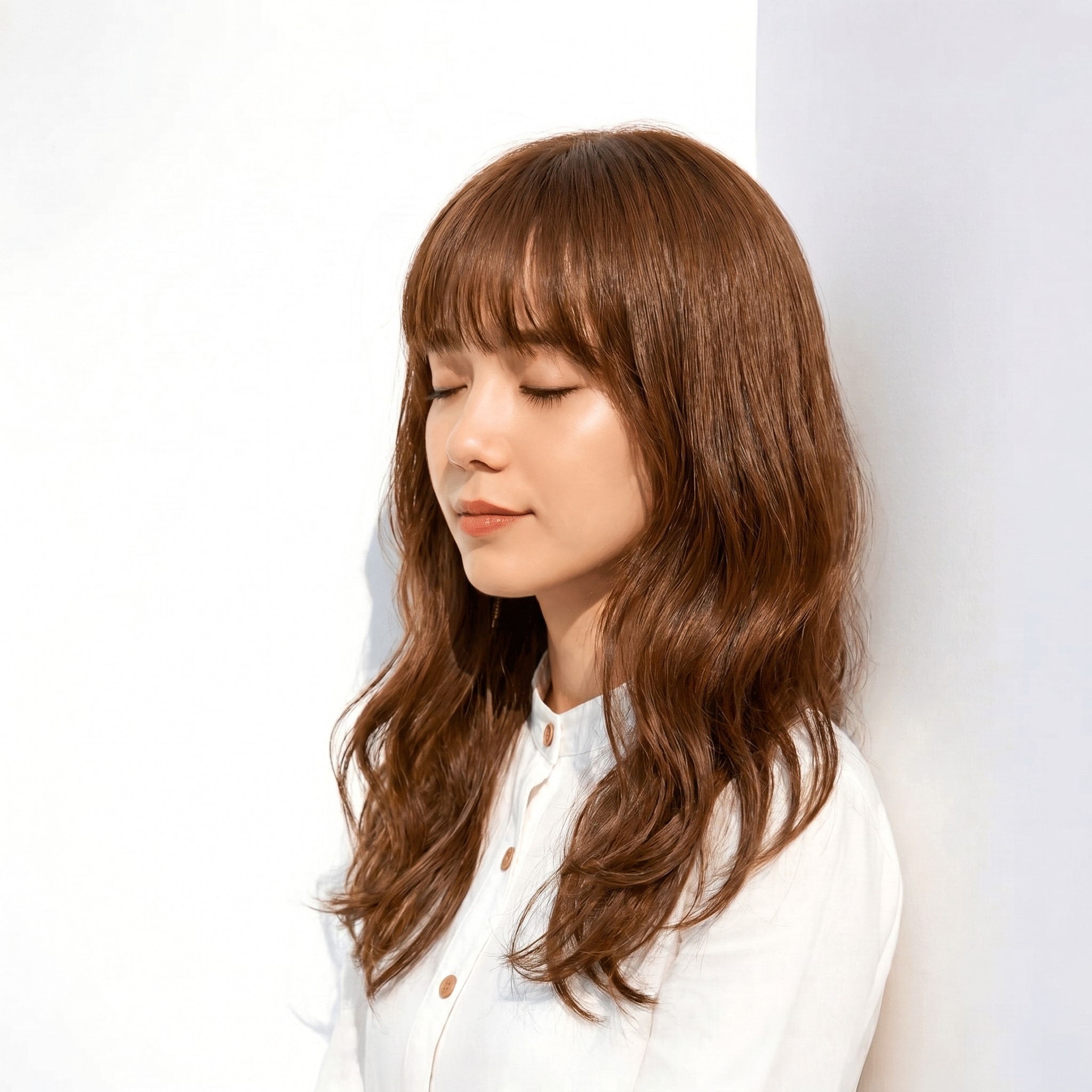 ショコラベージュ×ミディアムロング: フルバングとレイヤーで立体感を演出