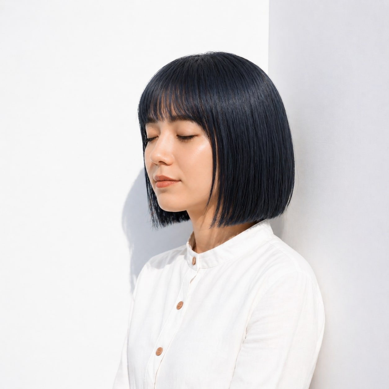 4. ネイビーブルー×ボブ×ストレート：重めでも洗練されたモードな印象に