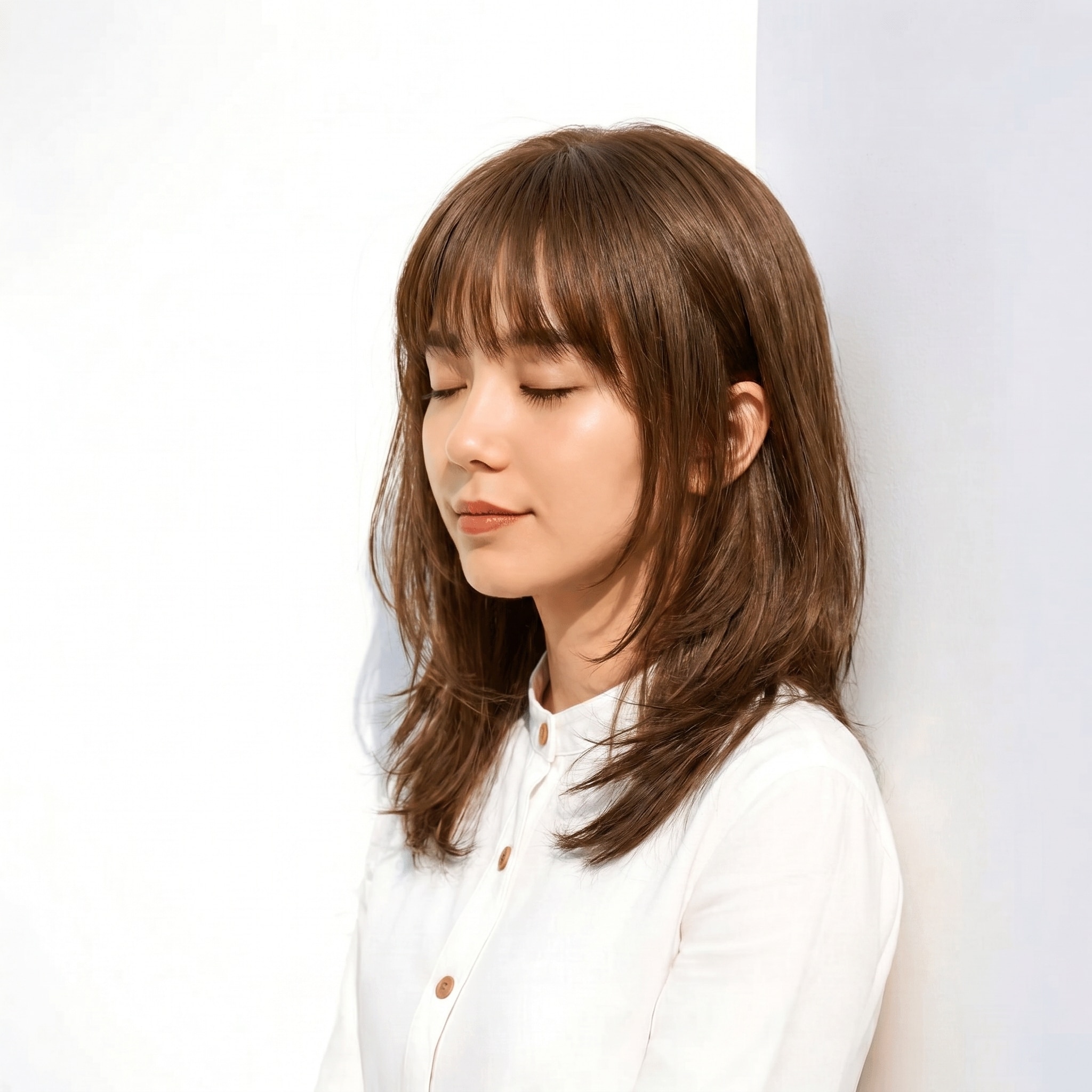 モカベージュ×レイヤーカット: 立体感が際立つ黄み寄りのベージュで軽やかに