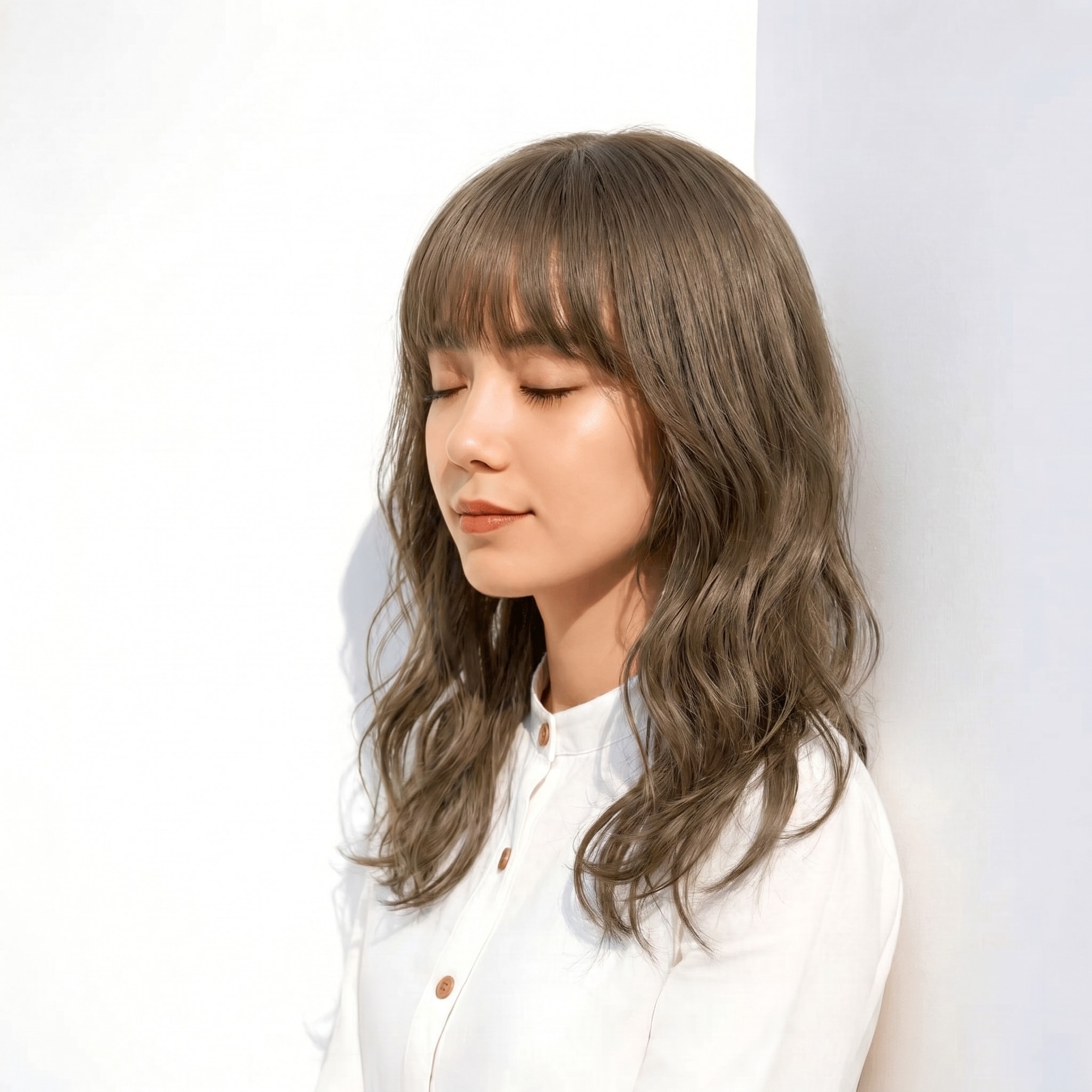  カーキベージュ×スモーキーカラー: ゆるい波ウェーブで上品な透け感を演出
