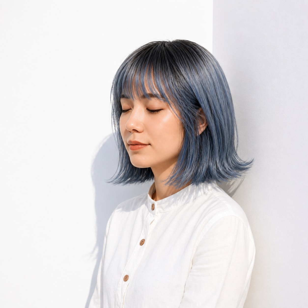 7. シャドールーツ×ブルーグレー：落ち着いたトーンで大人っぽく見える
