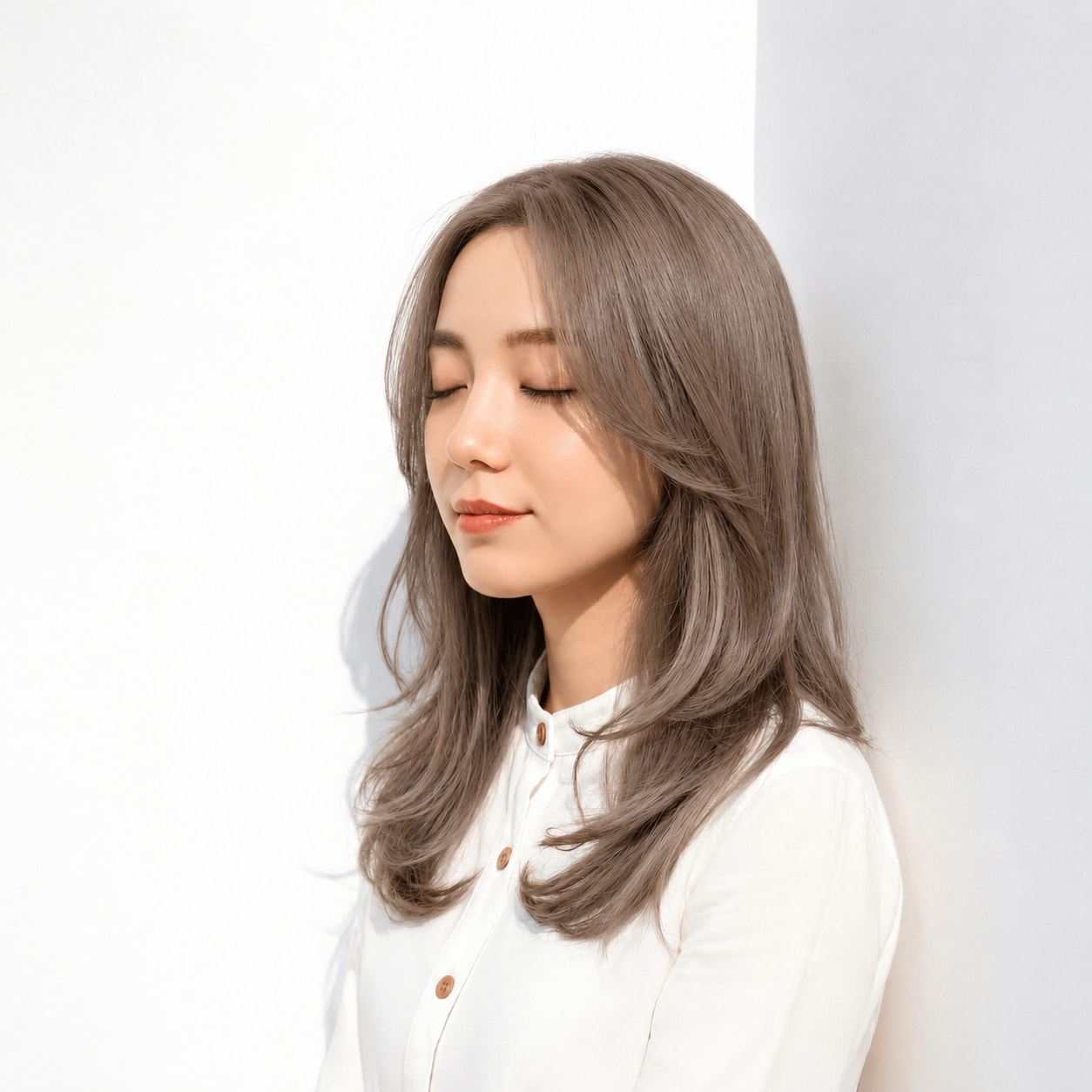 4. アッシュベージュ×ふんわりレイヤー: 立体感を引き出す自然なシルエット