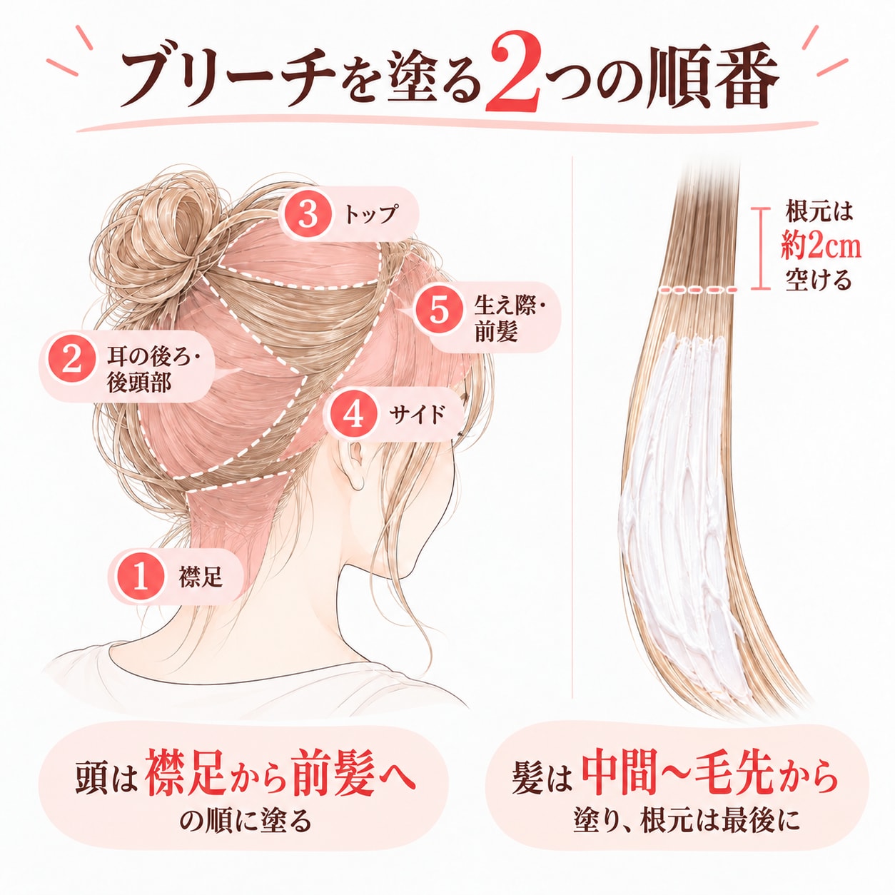 ブリーチを塗る順番は「襟足から前髪へ・中間〜毛先から根元へ」が基本
