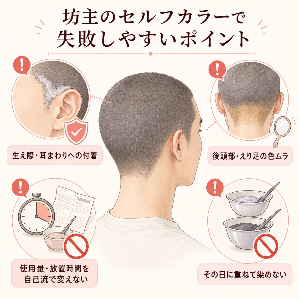 坊主のセルフカラーで失敗しやすいポイント