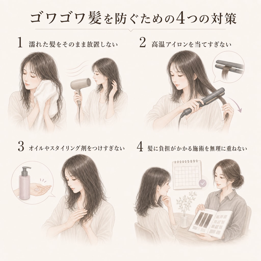 ゴワゴワ髪を防ぐための対策・対処法
