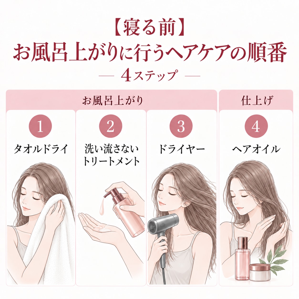 【寝る前】お風呂上がりに行うヘアケアの順番