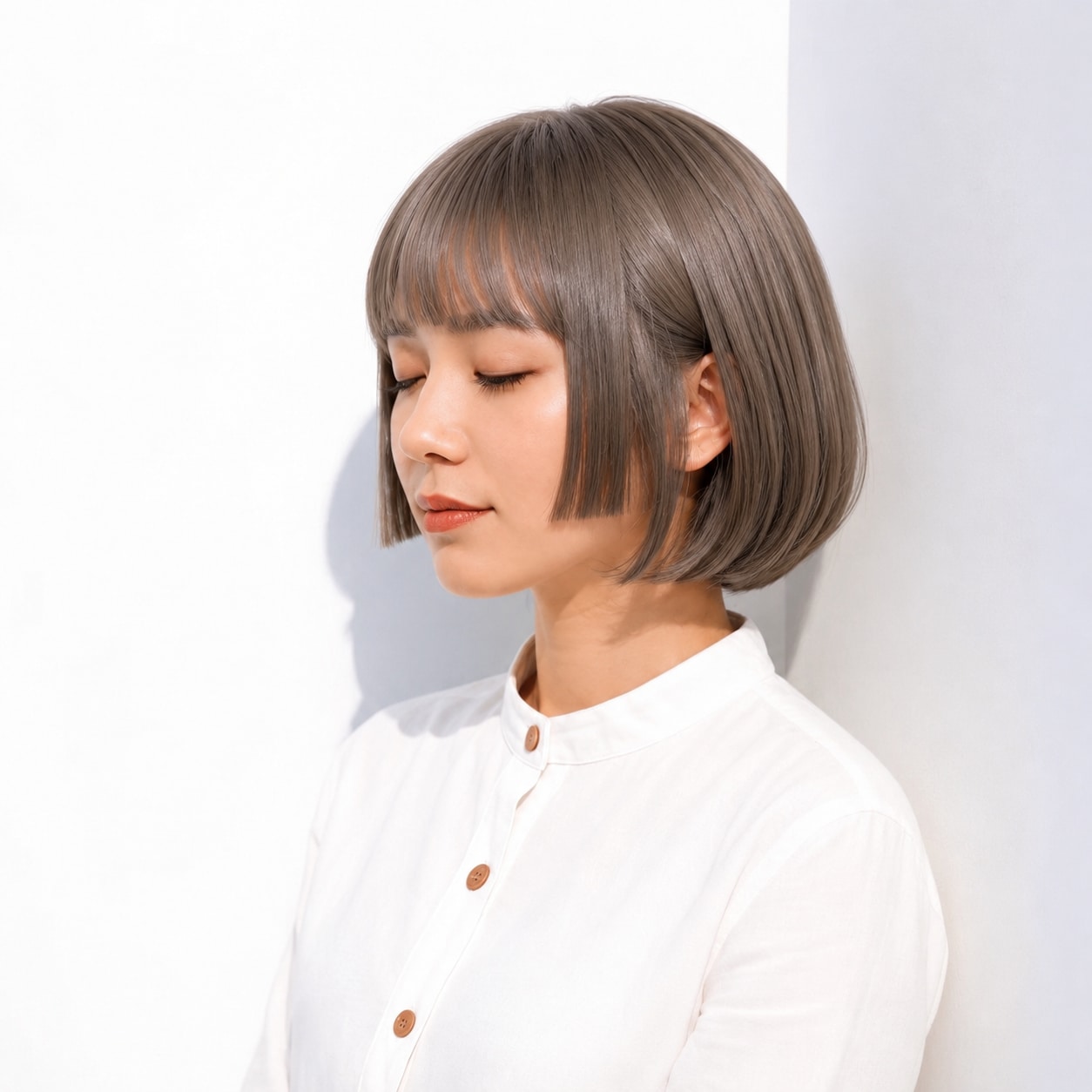 1. 姫カット×アッシュグレージュ：あご下ボブをコンパクトに