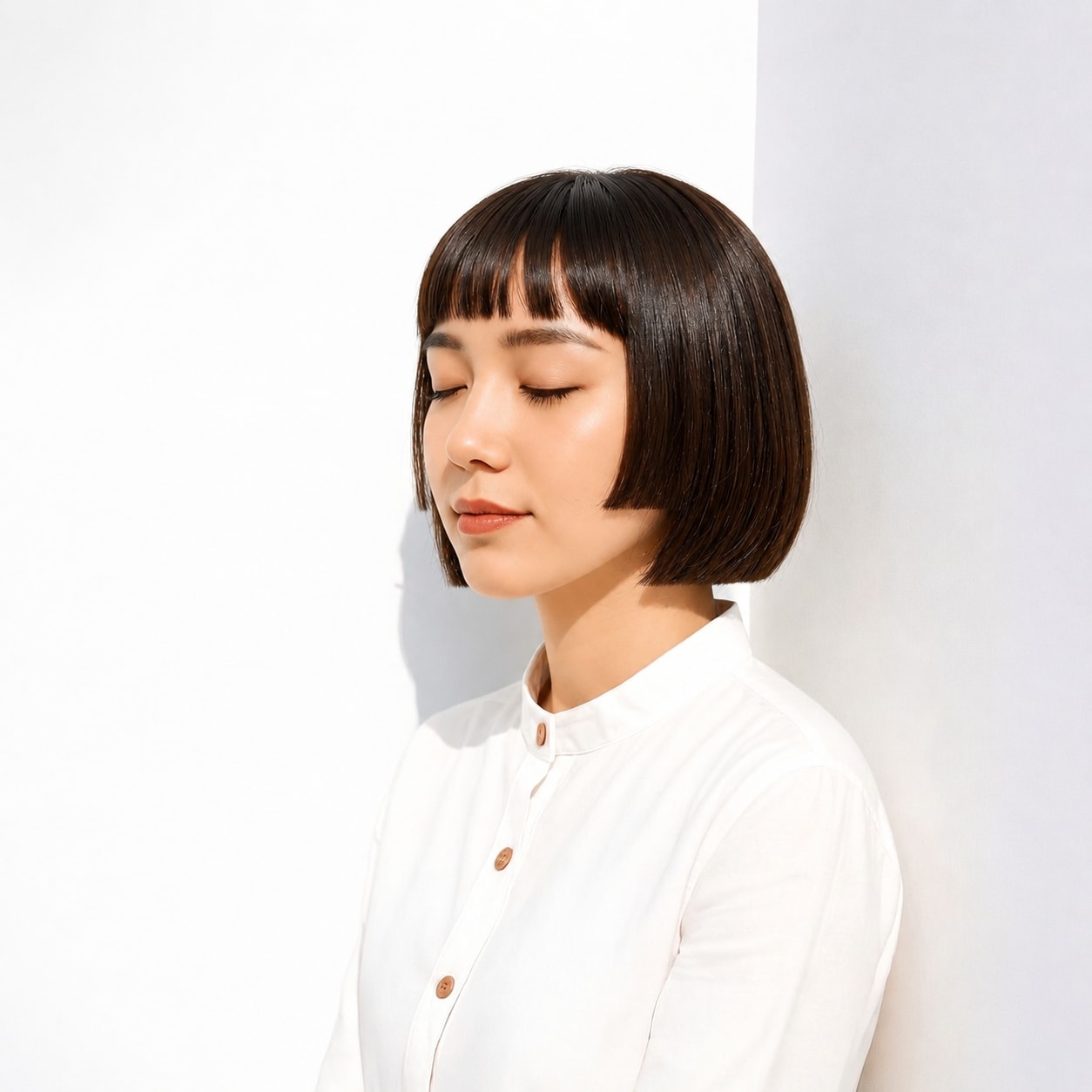 3. 姫カット×深めブラウン：眉上バングを合わせたコンパクトボブ