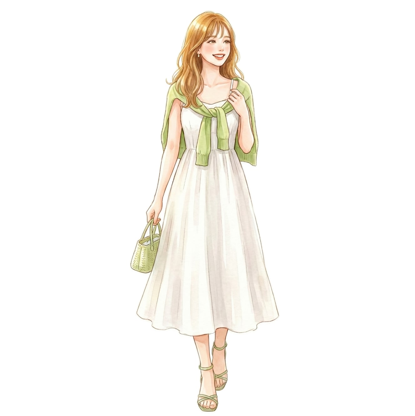 ①ホワイトワンピ×ライトグリーン小物：夏の清涼感を引き出す