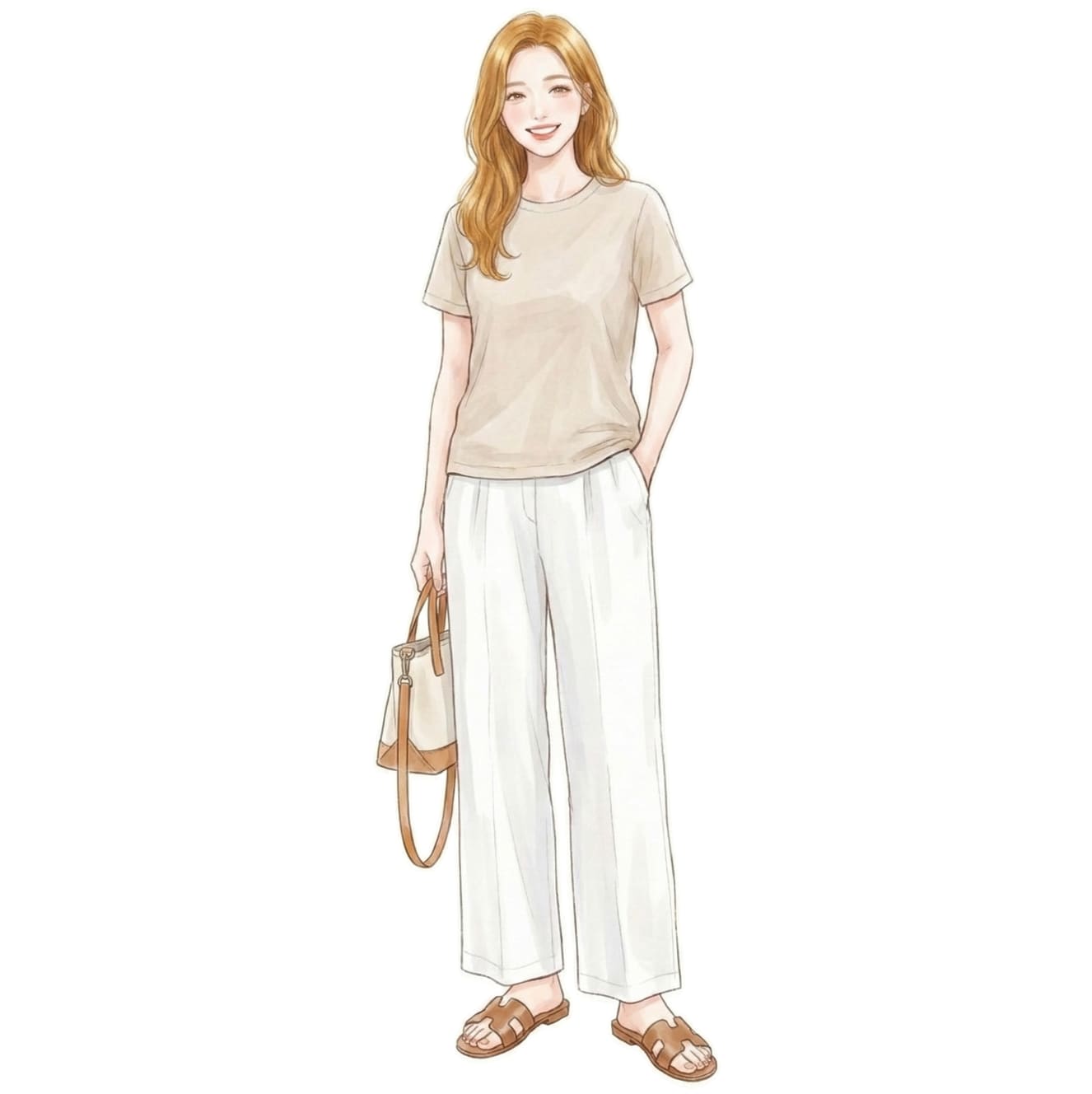 ②ライトベージュT×白パンツ：シンプルでも明るいサマーコーデ