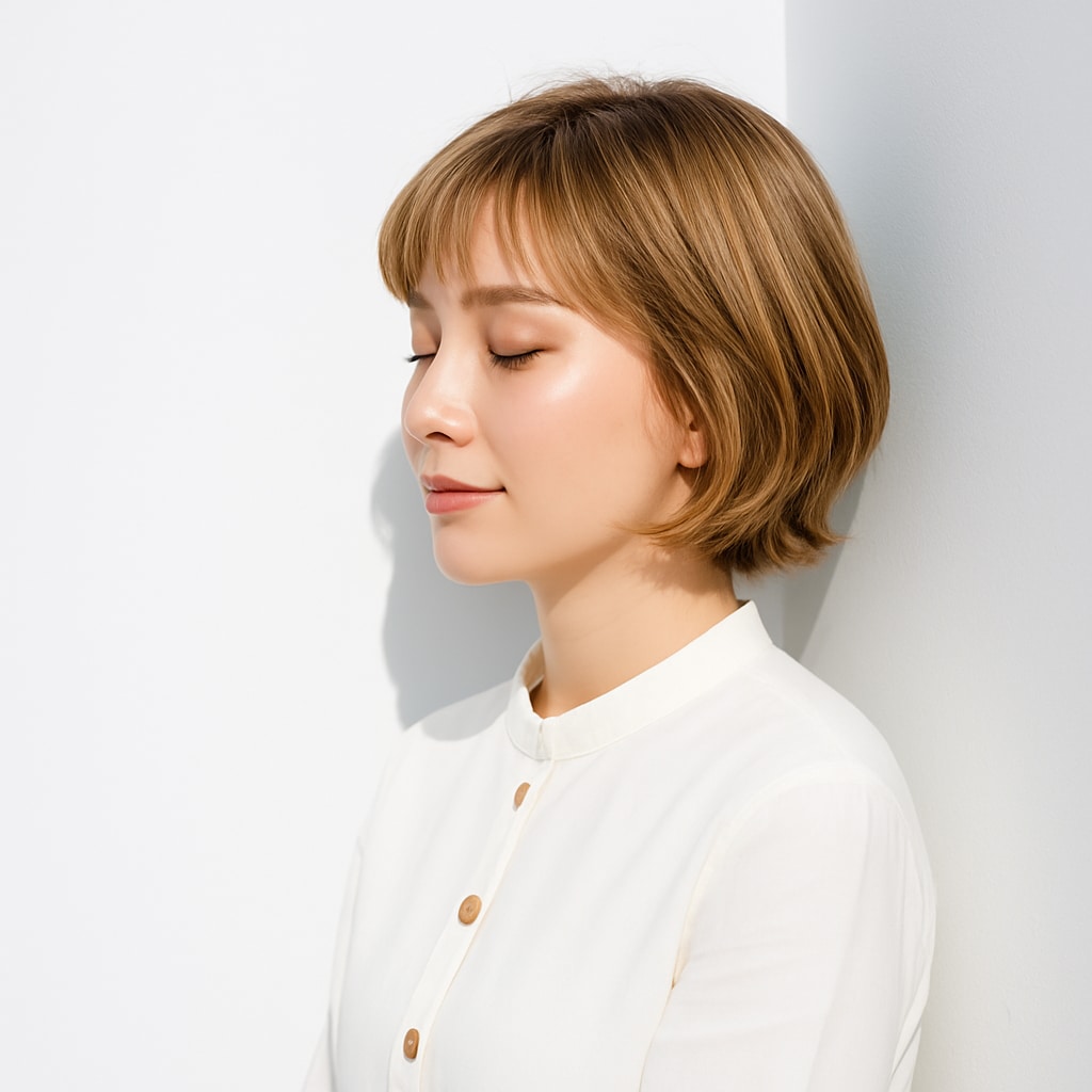 サイドバング×ショートヘア×ミルクティーベージュ
