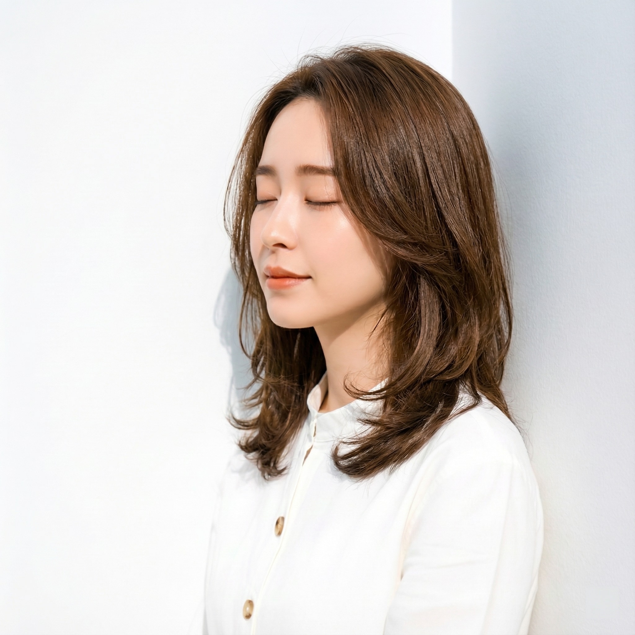 8. ミディアム×かきあげ前髪：毛先の動きで柔らかい印象に寄せられる