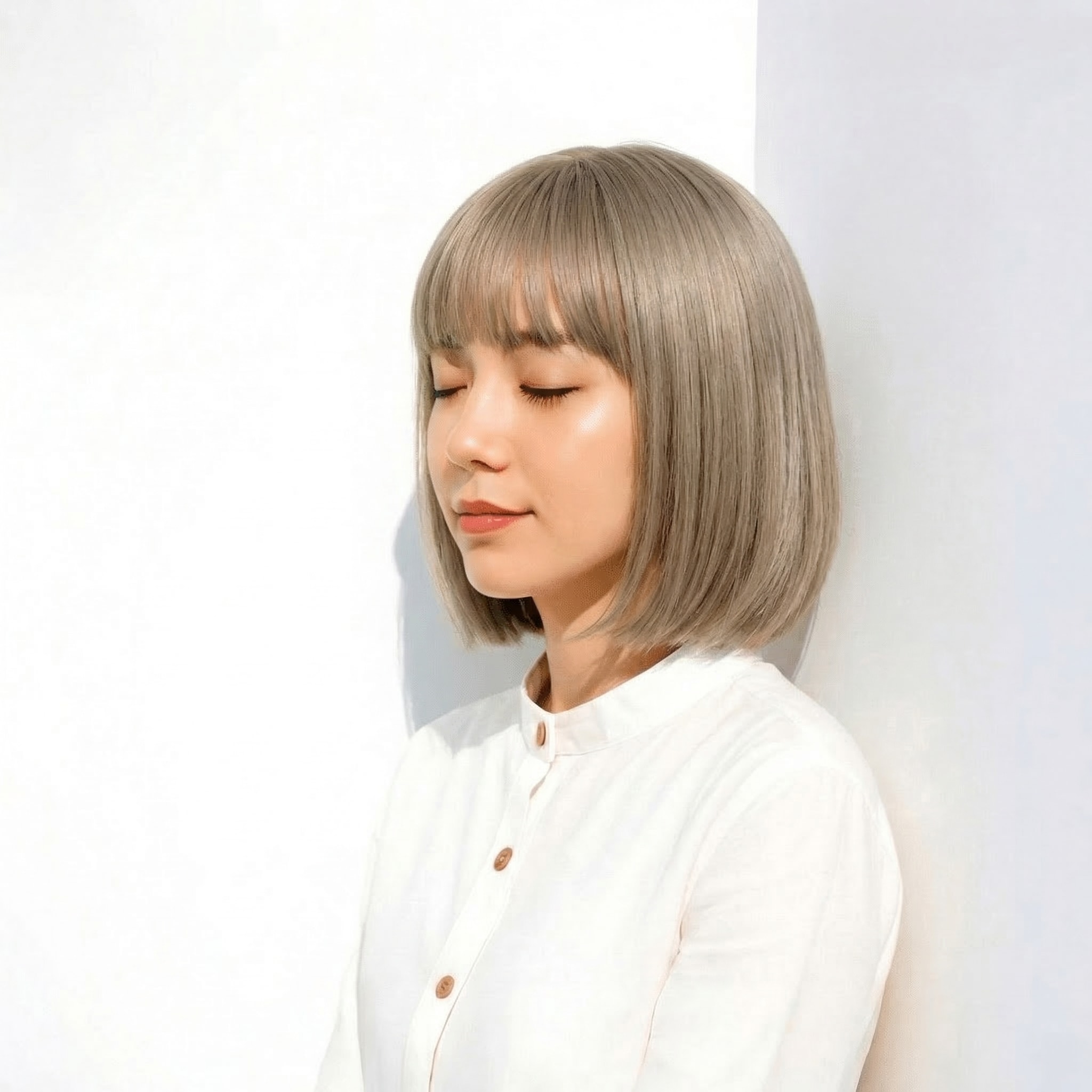 18. 透明感カラーで見せる軽やか前髪ぱっつんボブ
