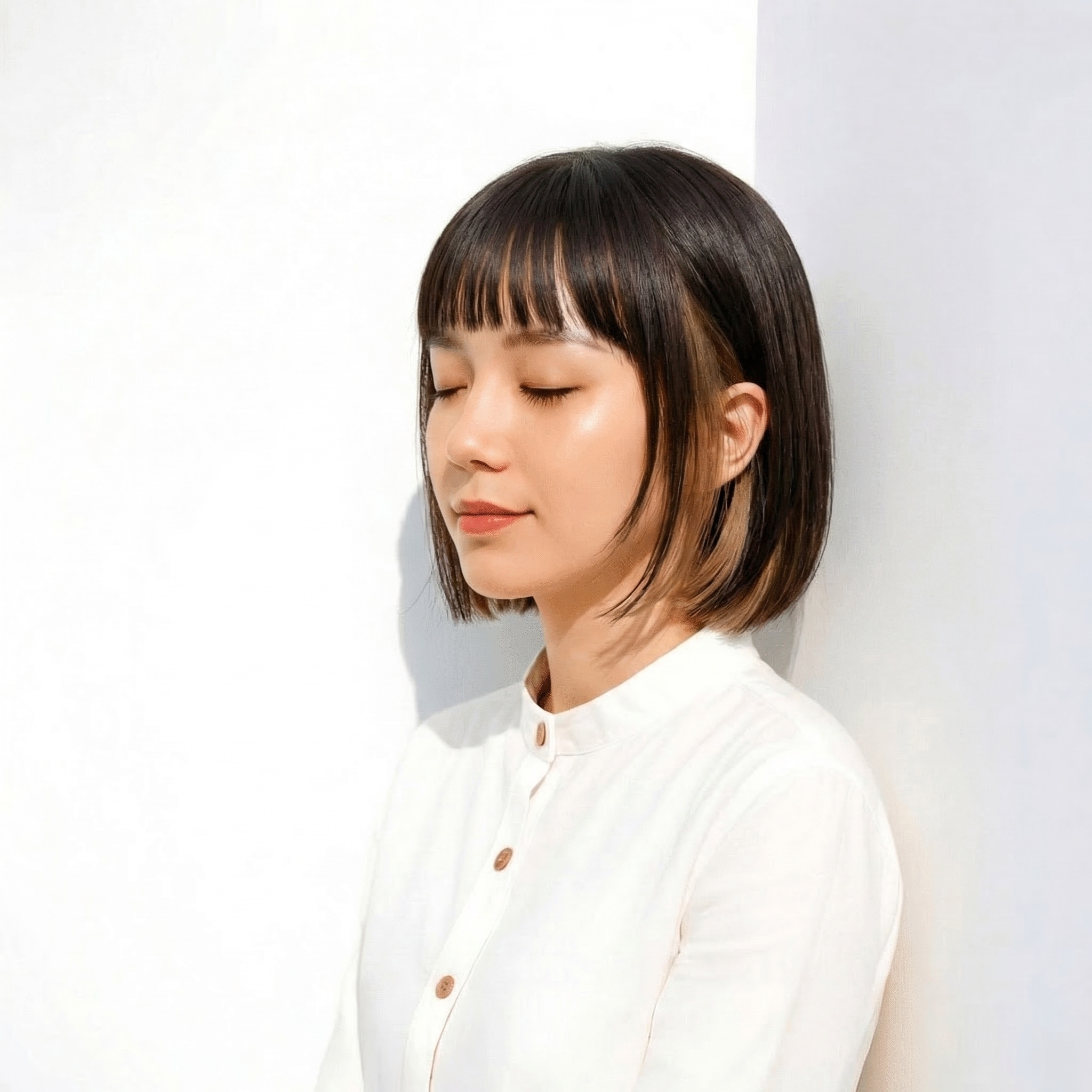 19. 顔まわりに抜け感をつくる前髪ぱっつんボブ