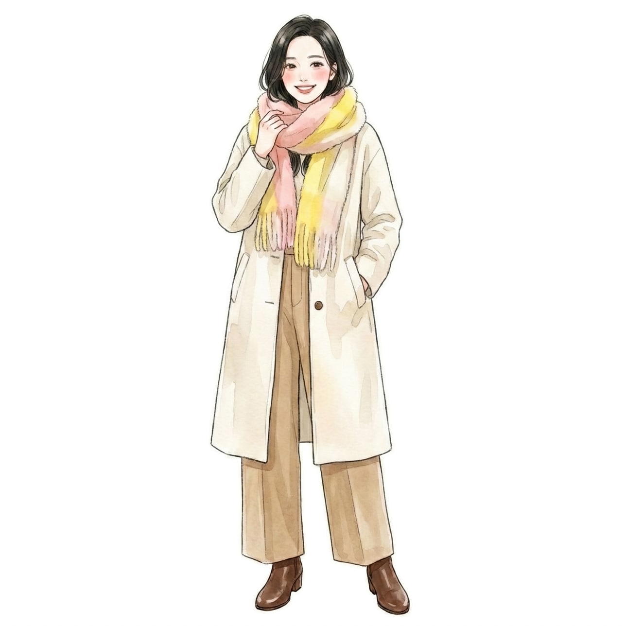 ③アイボリーコート×明るめマフラー：苦手色を顔まわり補正で着こなす冬テク