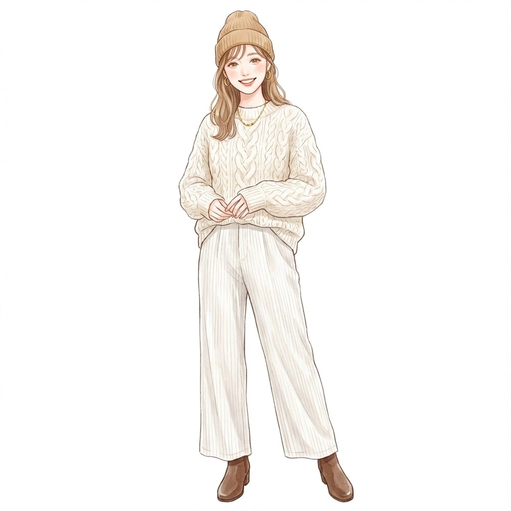①アイボリーニット×白パンツ：冬素材でも重くならない王道ワントーン