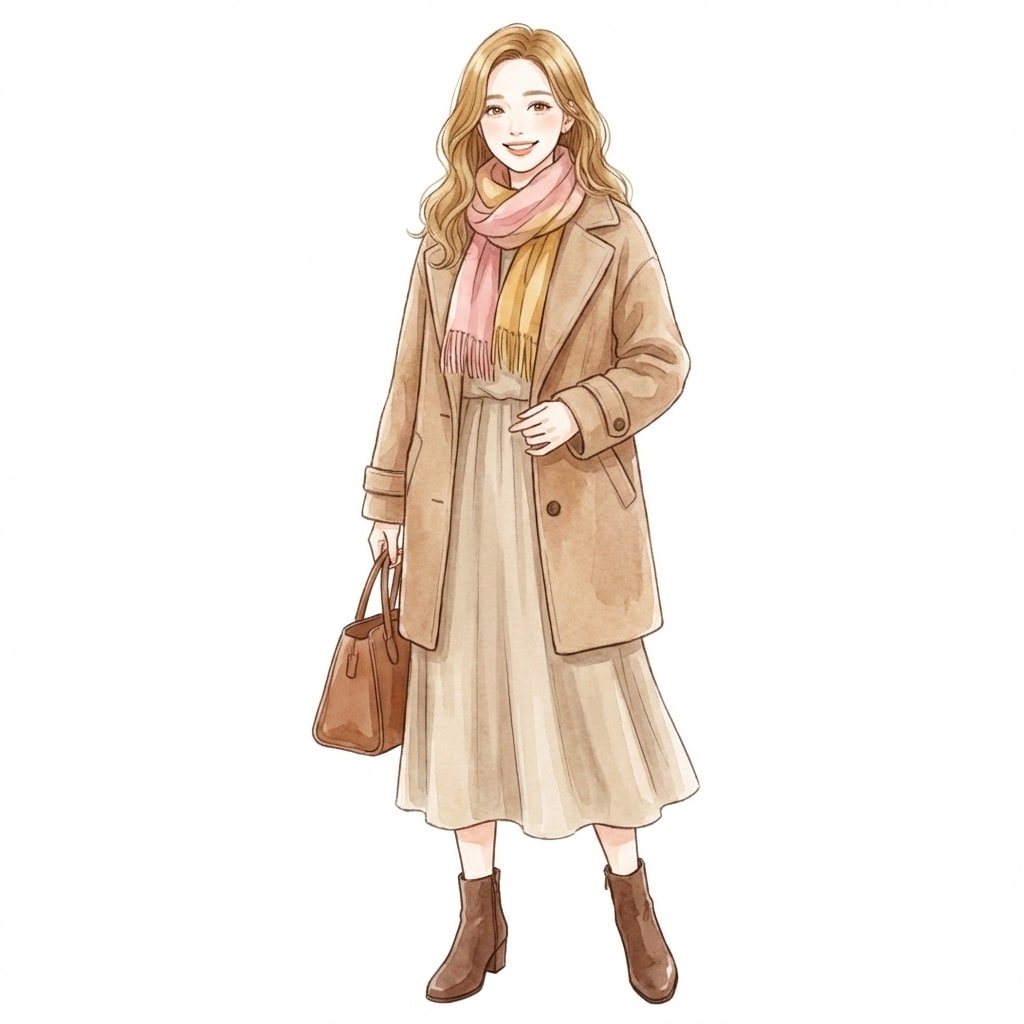 ②ライトブラウンコート×ベージュワンピ：柔らかいあったか色で冬のくすみ防止