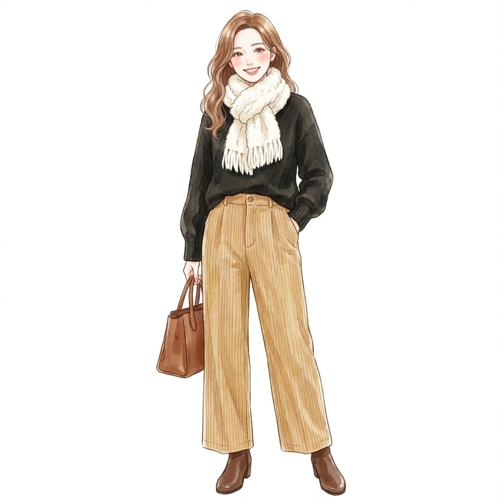 ④黒ニット×ベージュパンツ：黒を使っても沈みにくいイエベ春の黄金比
