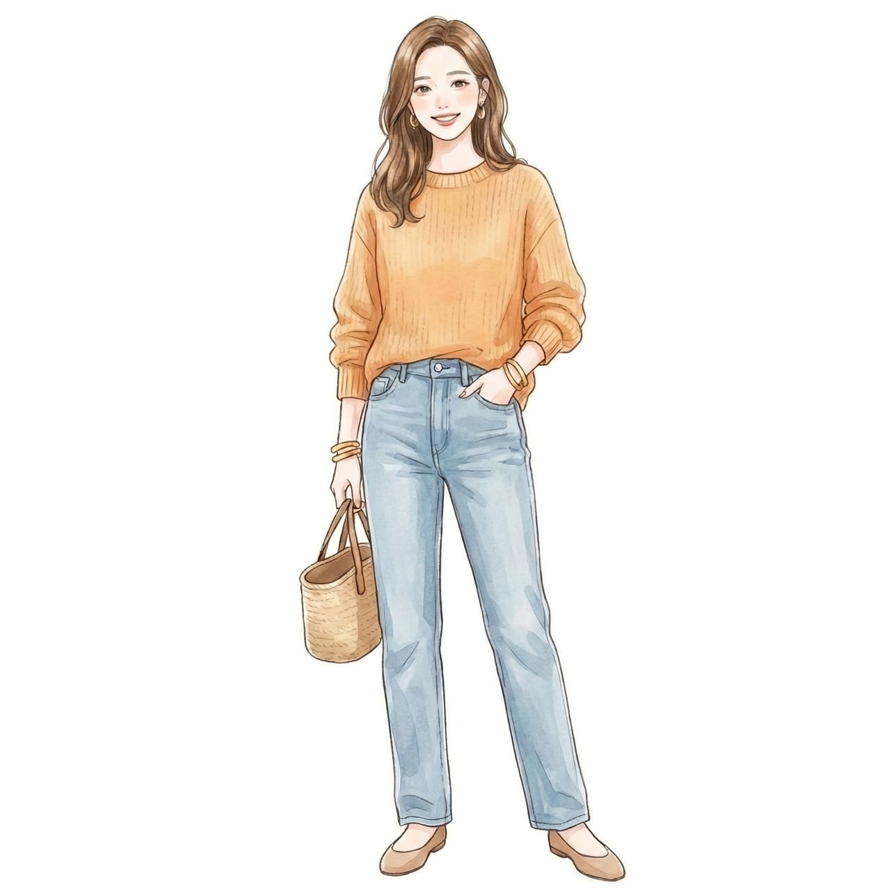 ③アプリコットニット×デニム：カジュアルでも華やぐ組み合わせ