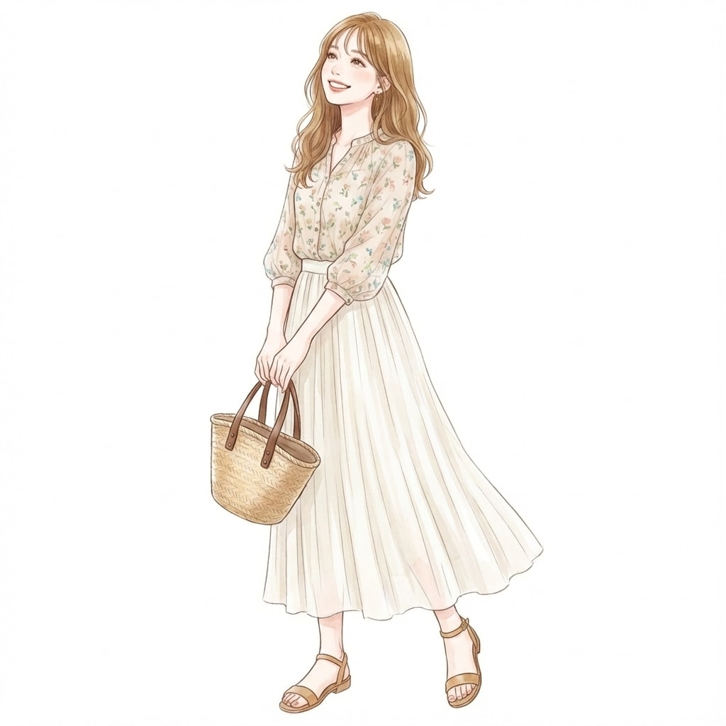 ②ライトベージュ×花柄ブラウス：軽やかさが際立つ大人フェミニン