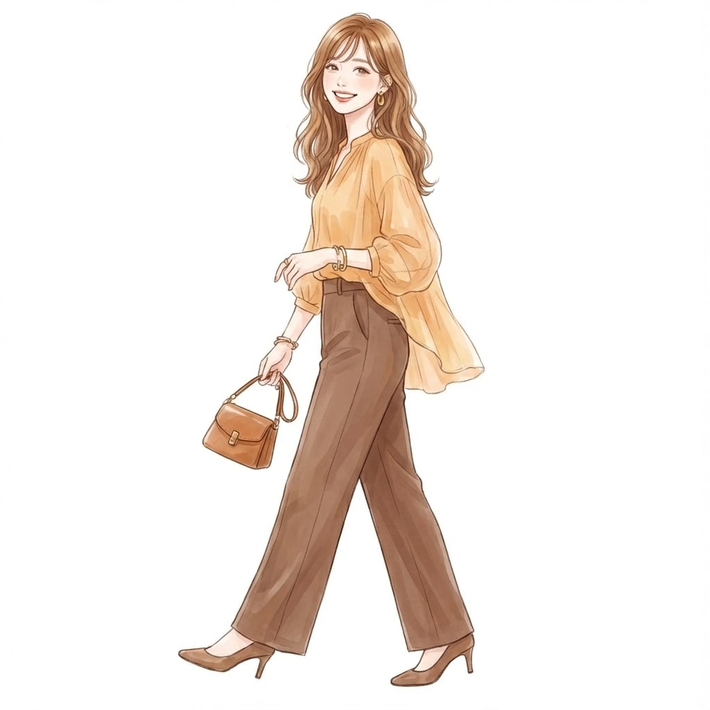 ③アプリコット×ブラウンパンツ：秋色でも軽やかに仕上がる組み合わせ