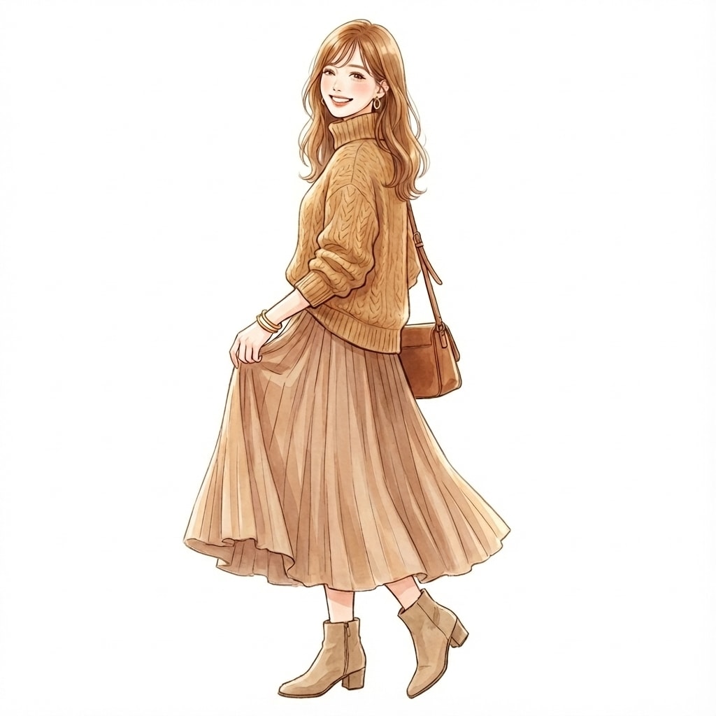 ①キャメルニット×ライトブラウンスカート：重く見えない秋の定番配色