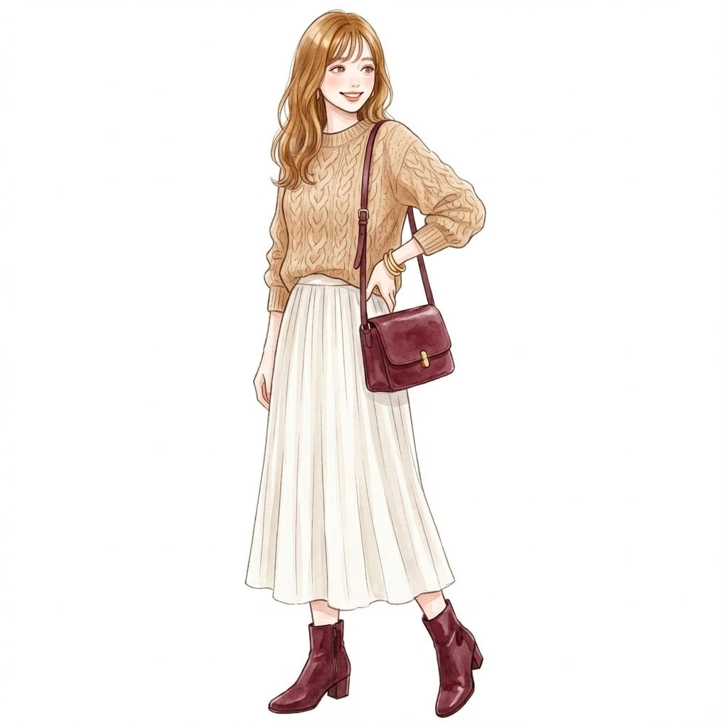 ⑤ベージュ×ボルドー小物：差し色でも沈まない秋のバランスコーデ