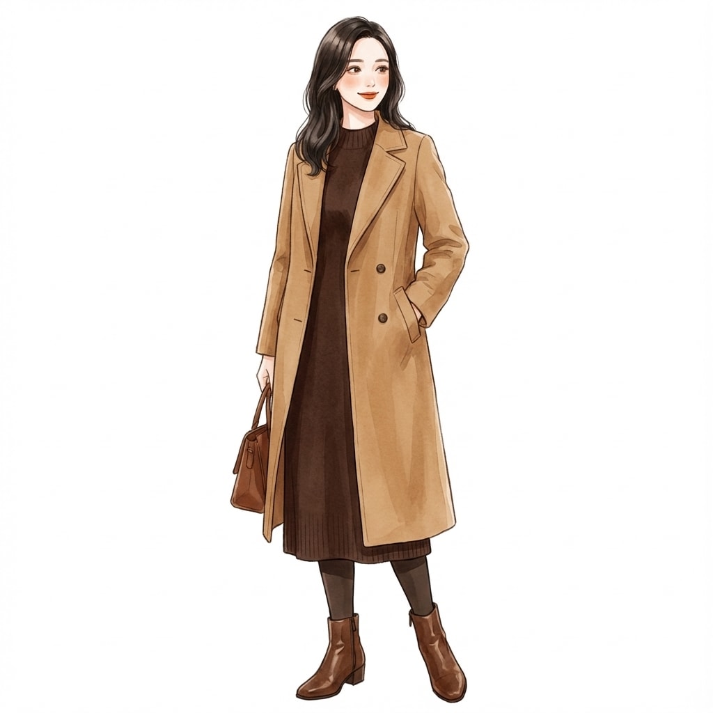 ①キャメルコート×ブラウンワンピ：冬の鉄板イエベ秋カラー