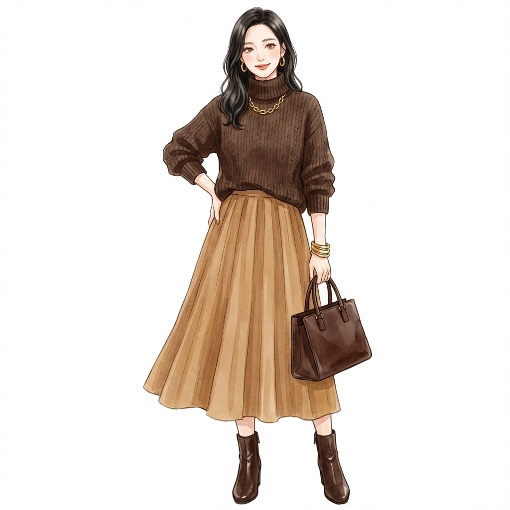 ②ダークブラウン×ゴールド小物：陰影を活かした冬バランス