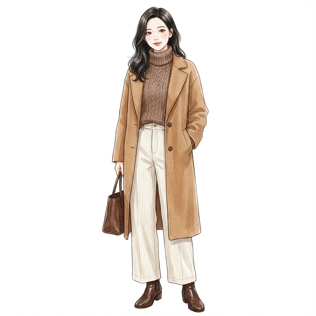 ④モカタートル×白パンツ：冬でも沈まない軽さをプラス