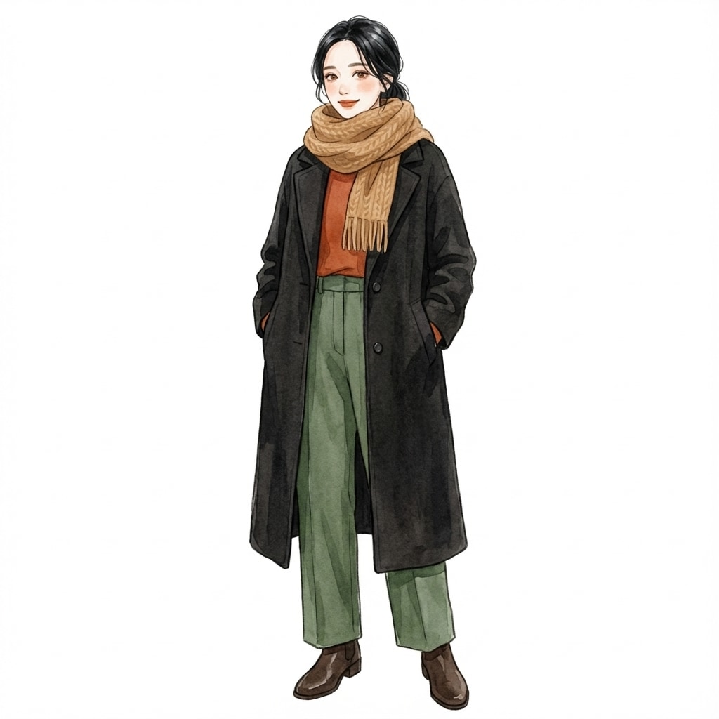 ③黒コート×キャメルマフラー：苦手色を顔まわり補正で攻略