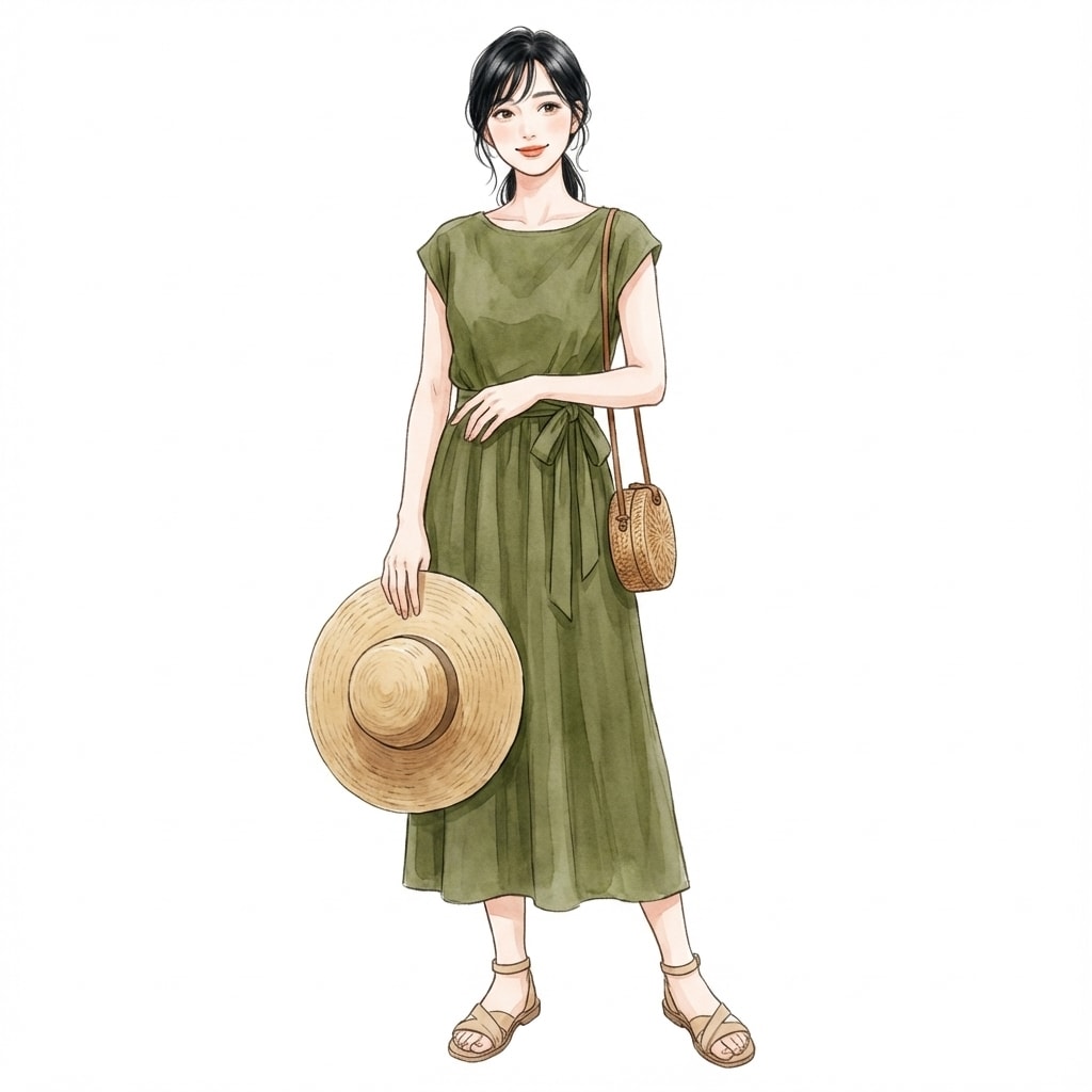 ③オリーブワンピ×ベージュサンダル：アースカラーで上品に