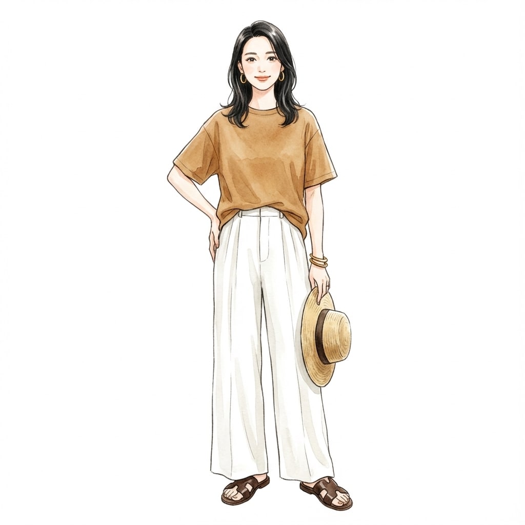 ②キャメルT×白パンツ：軽さを保つイエベ秋のサマー定番