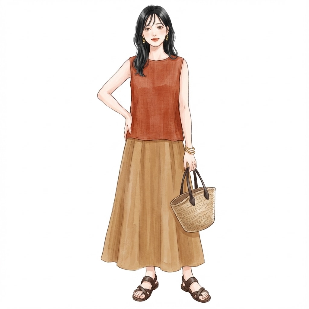 ④テラコッタ×リネンスカート：こっくり色を夏流に