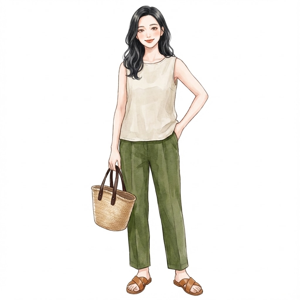 ①リネンベージュ×カーキ小物：夏でも大人の落ち着き