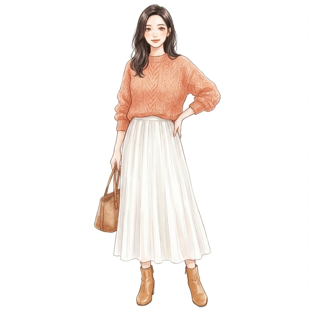 ②アプリコットニット×ブラウンスカート：春でも沈まない血色感