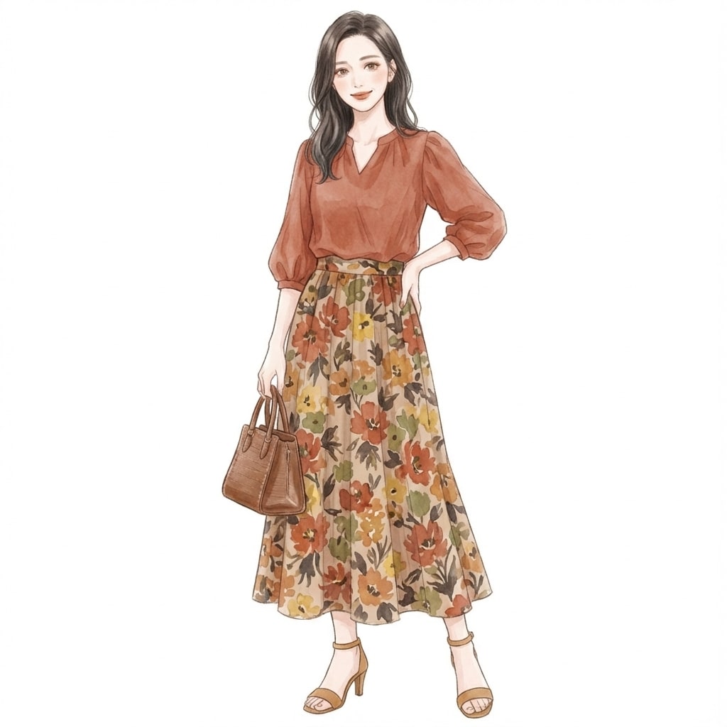 ④テラコッタ×花柄スカート：大人っぽさと季節感の両立