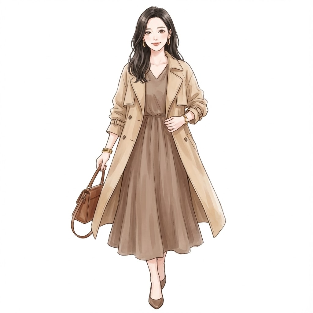 ①ベージュトレンチ×モカワンピ：春の柔らかい暖色バランス