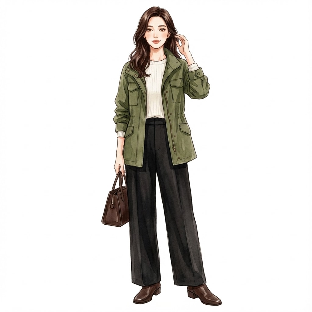 ③カーキジャケット×黒ワイド：大人っぽく締まる配色