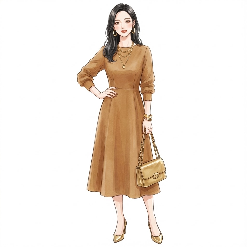 ②キャメルワンピ×ゴールド小物：リッチな温度感を演出