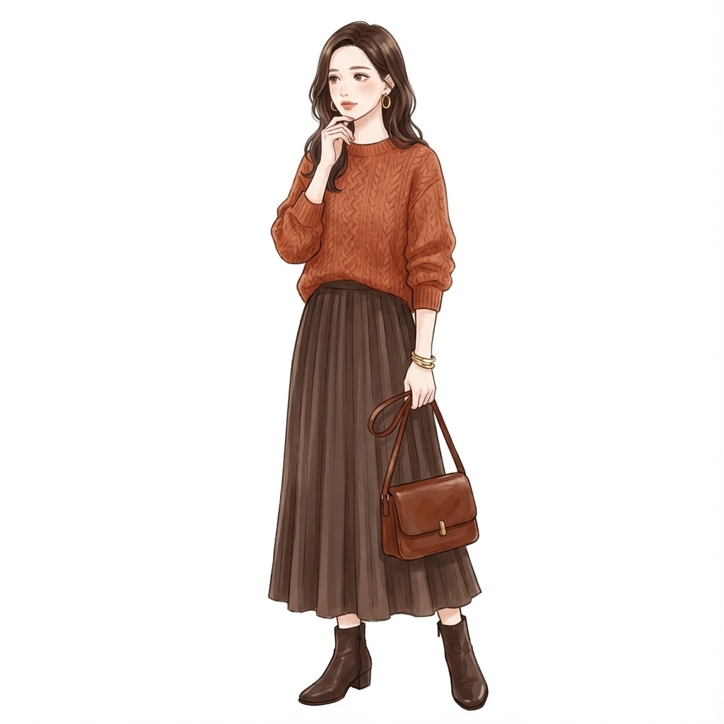 ①テラコッタニット×ブラウンスカート：秋の王道バランス