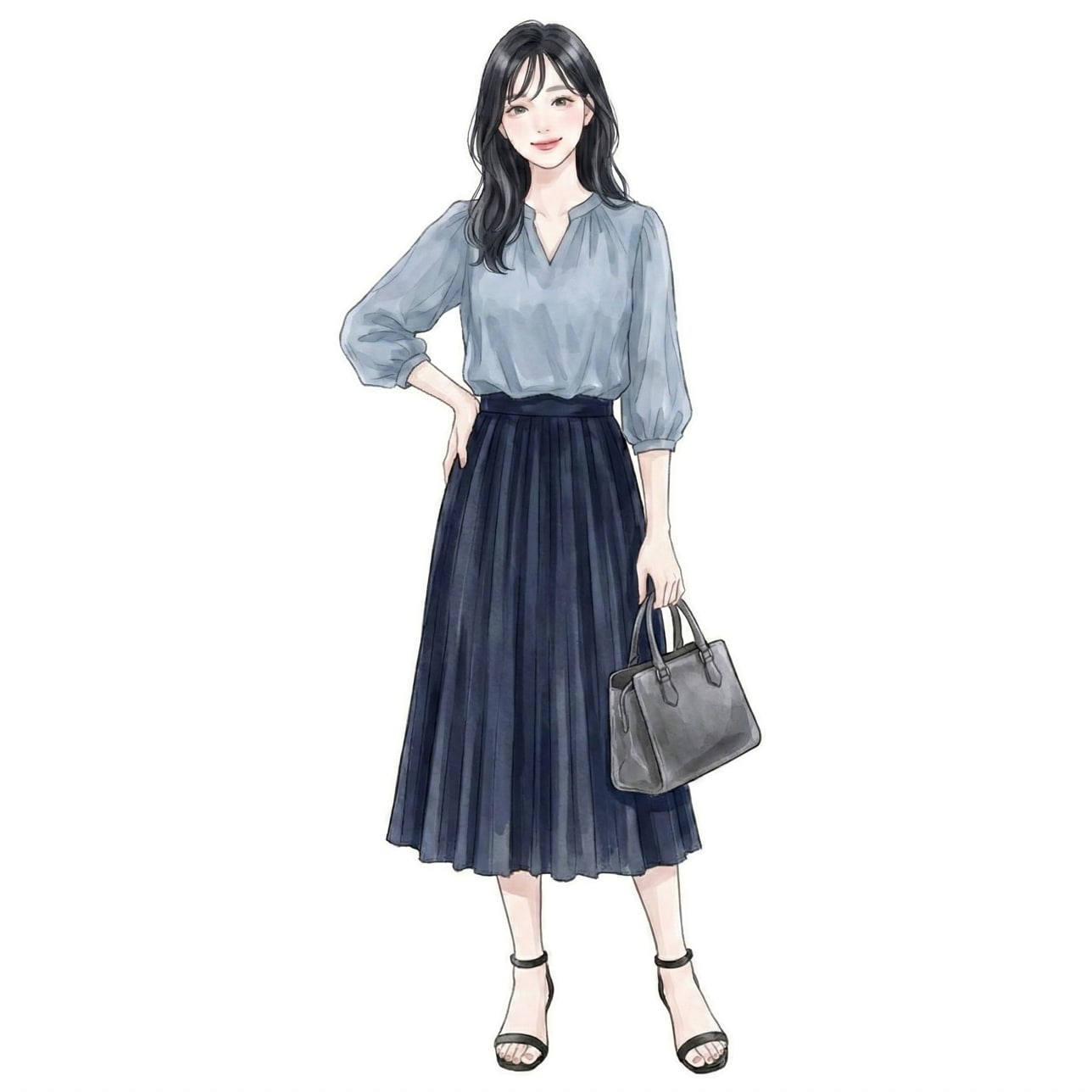 ⑤ グレー×サマーネイビースカート：濃淡のコントラストで上品に